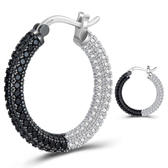 14K White Gold Sterling Silver and Diamond and Onyx Cubic Zirconia Hoop Earrings - Picture 1 of 6